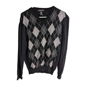 Marco Fiori Mens Sweater Gray 100% Merino Wool Argyle Diamond V-Neck Preppy L*